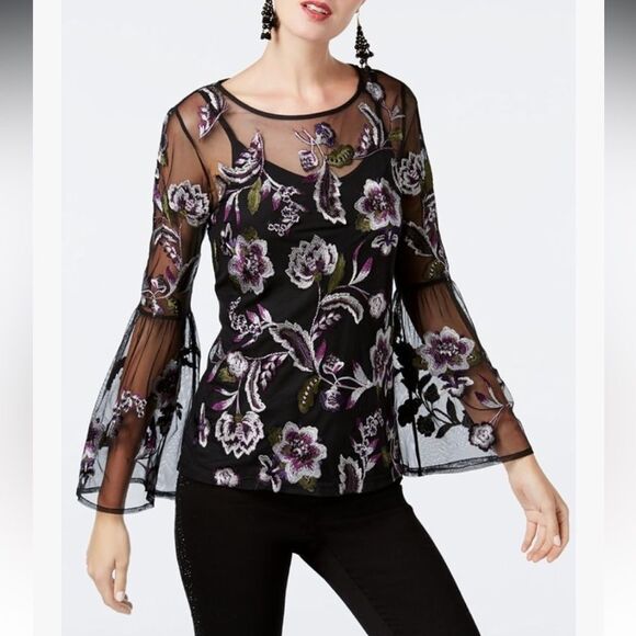 INC International Concepts Tops - (T2) INC International Concepts Black PS top with floral embroidery, Y2K